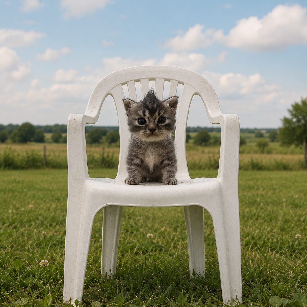 Cat on a monobloc chair in a field