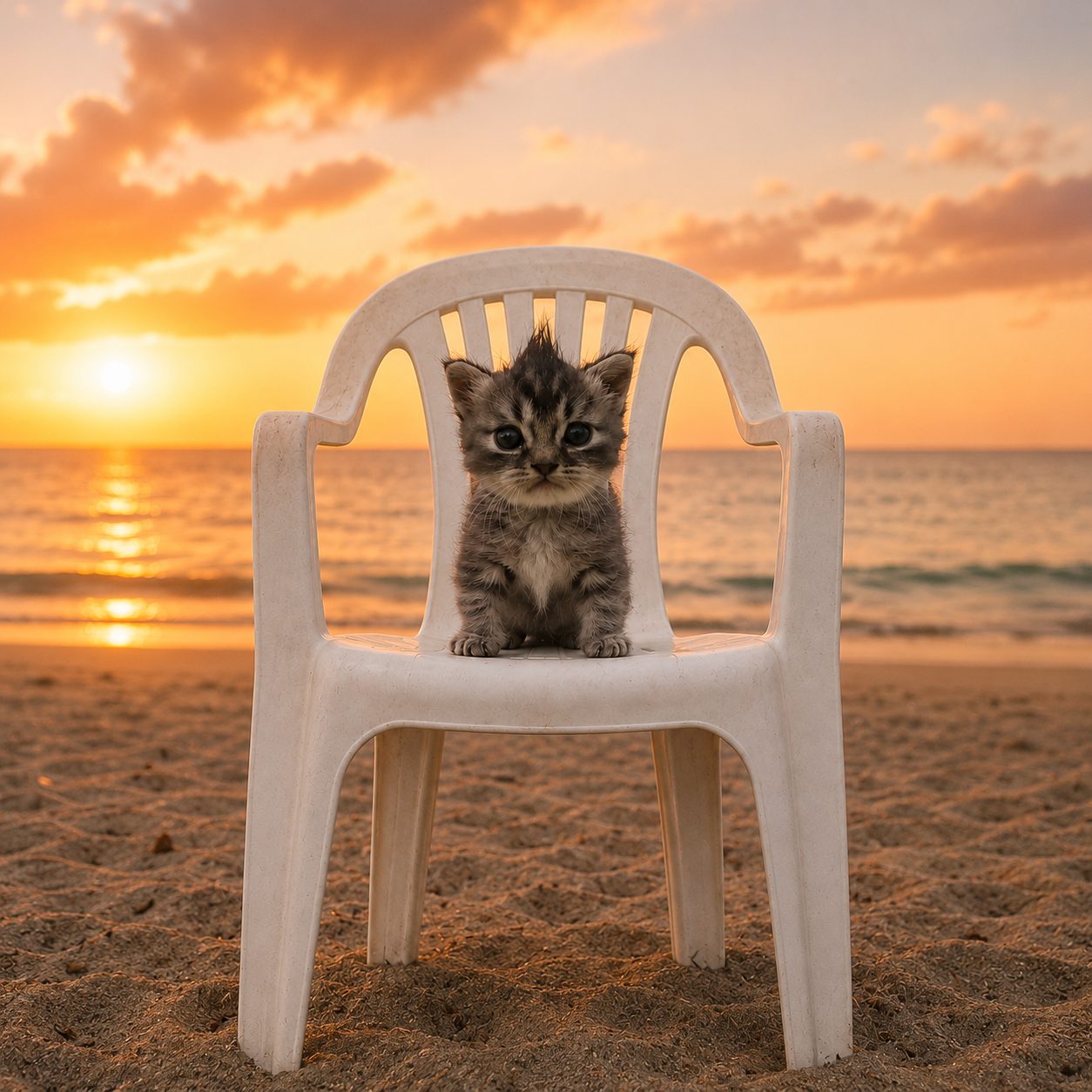 Cat on a monobloc chair on a beach