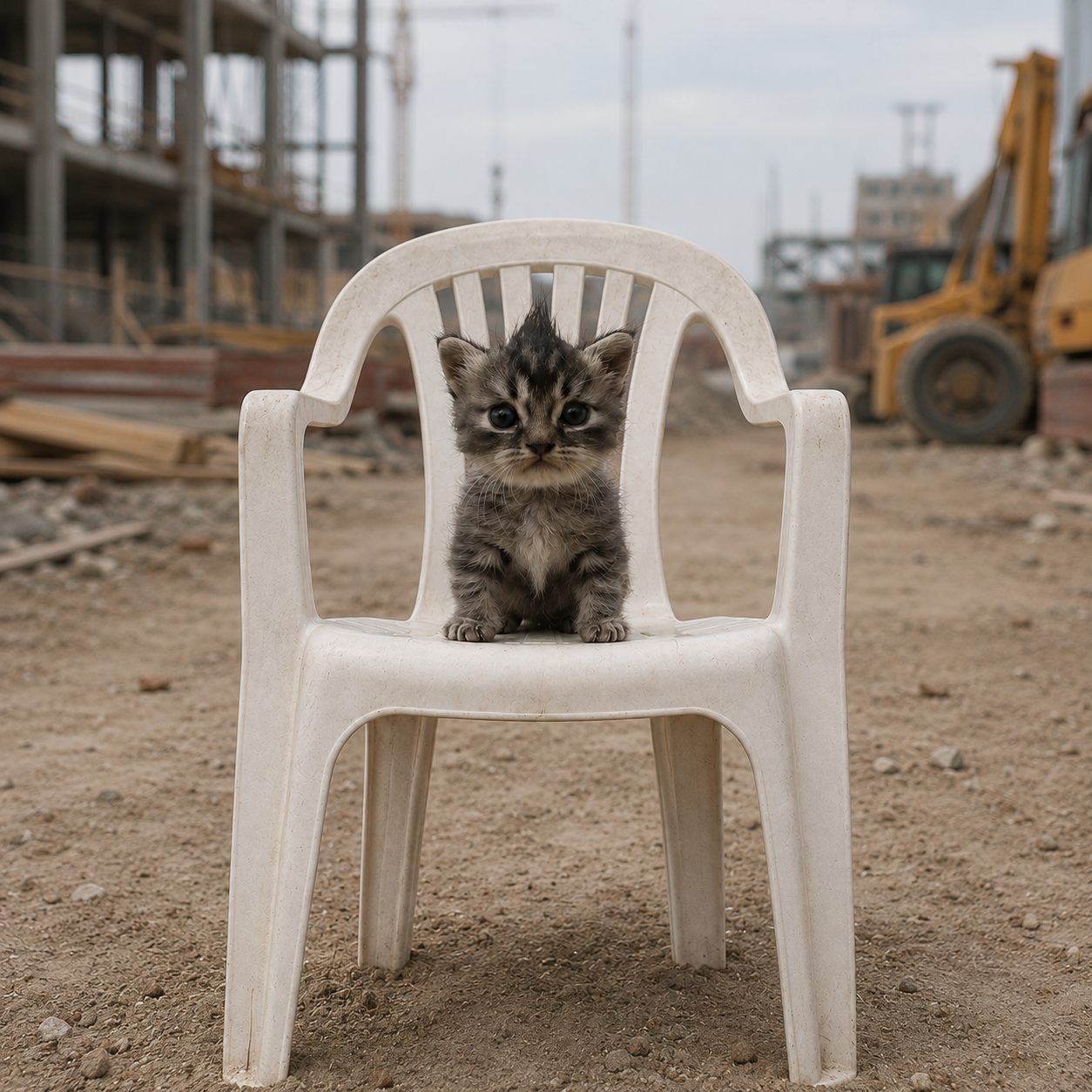 Cat on a monobloc chair on a construction site